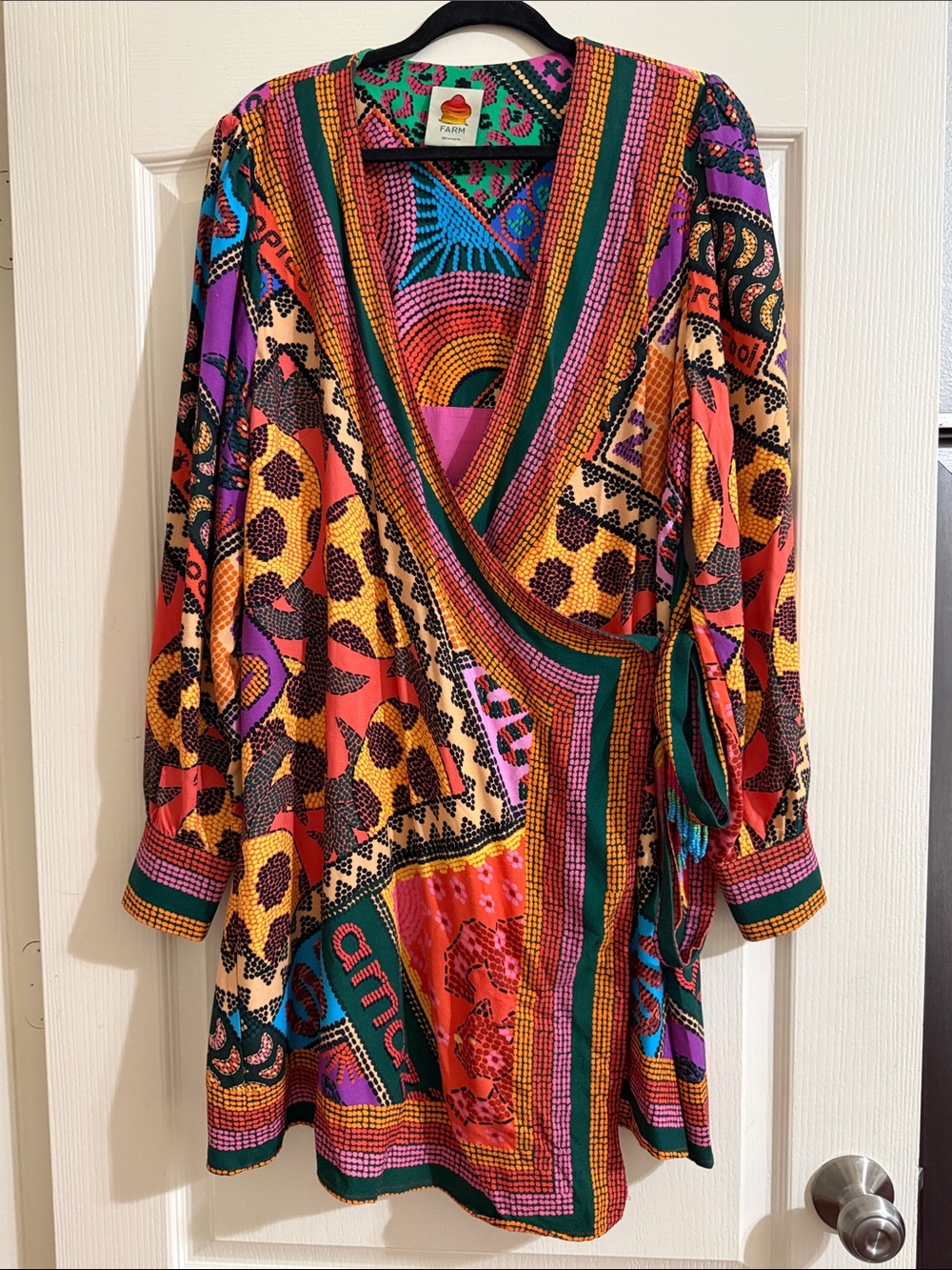 FARM Rio Bold Multi-Print Wrap Dress in Pink, Purple, Orange, Yellow, Green